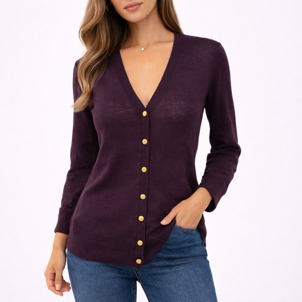 Tory Burch Cardigan S Purple Linen Blend Gold Logo Button V Neck